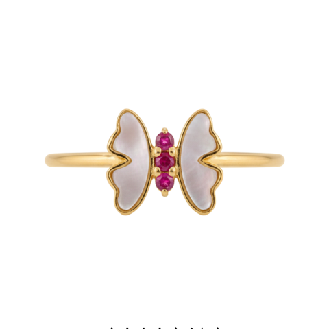 Anillo Nara en Oro Amarillo 18K con Rubí y Alas de Nácar