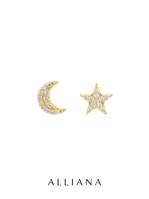 Aretes Estrella y Luna en Oro Amarillo 18K con Moissanites