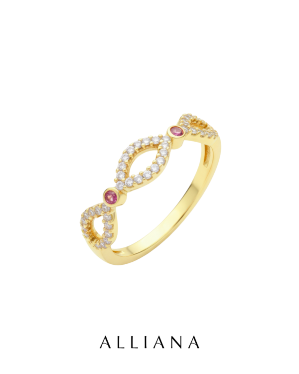 Anillo Infinito con Rubí y Moissanites en Oro Amarillo 18K