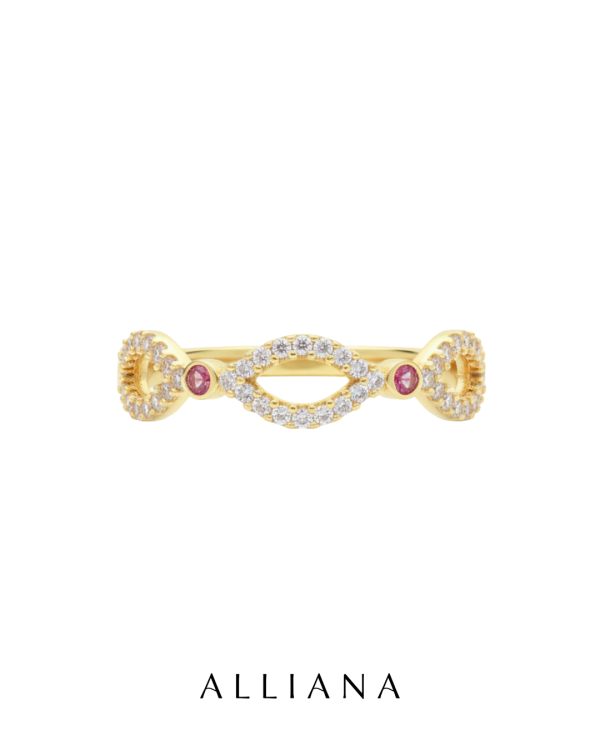 Anillo Infinito con Rubí y Moissanites en Oro Amarillo 18K